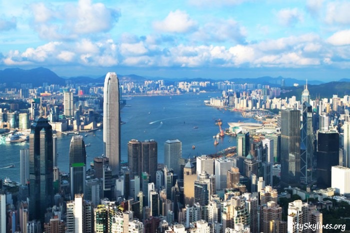 Hong Kong, China - Water Overlook with Mountain Backdrop